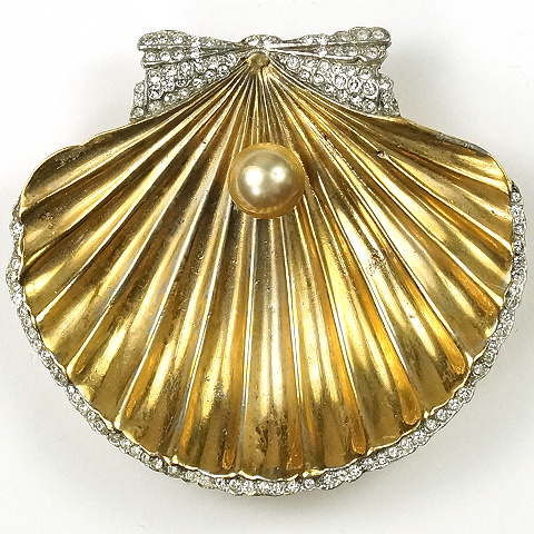 Trifari 'Alfred Philippe' Pearl in Gold and Pave Seashell Pin Clip