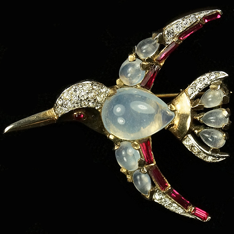 Trifari 'Alfred Philippe' Moghul Jewels Ruby and Moonstone Cabochon Kingfisher Pin
