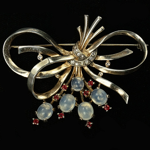 Trifari Sterling 'Alfred Philippe' Golden Bow Swirl with Ruby Spangles and Moonstone Cabochons Pin