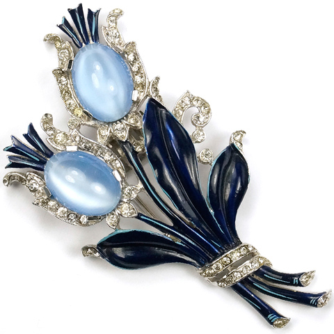 Trifari 'Alfred Philippe' Blue Moonstone and Blue Enamel Floral Pin Clip