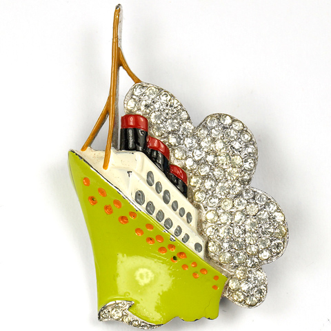 Trifari 'Alfred Philippe' Three Funnel Luxury Ocean Liner with Pave Smoke and Waves Pin Clip