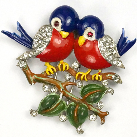 Trifari 'Alfred Philippe' Pair of Pave and Enamel Lovebirds on a Branch Pin Clip