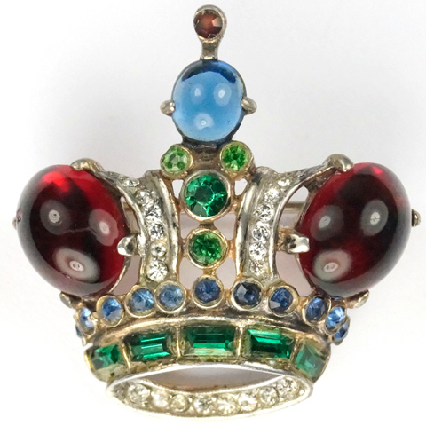 Trifari Sterling 'Alfred Philippe' Ruby Cabochon Emerald and Sapphire Small Royal Crown Pin