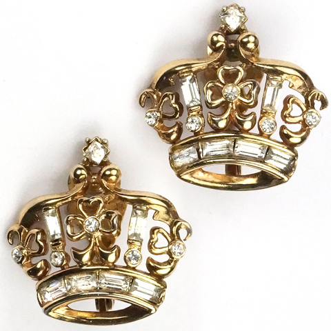 Trifari 'Alfred Philippe' Gold and Diamante Royal Crown Clip Earrings