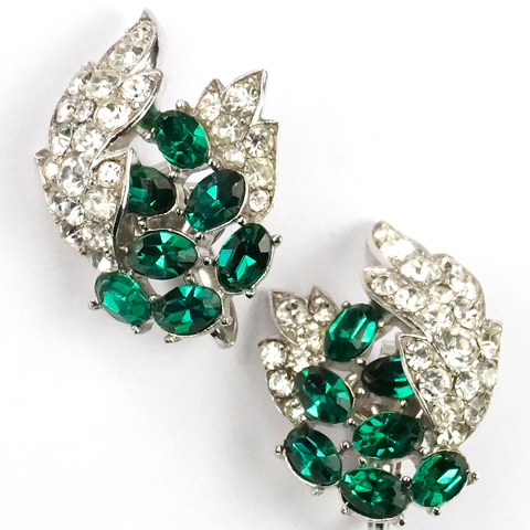 Trifari 'Alfred Philippe' Emerald and Pave Flower Clip Earrings