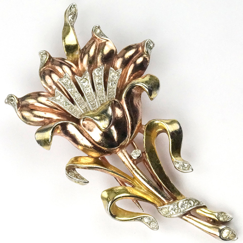Trifari 'Alfred Philippe' Pave,Yellow and Rose Gold Lily Pin Clip