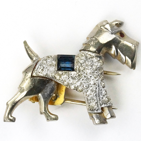 Trifari 'Alfred Philippe' Gold Pave and Sapphire Baguette Terrier Dog Pin Clip