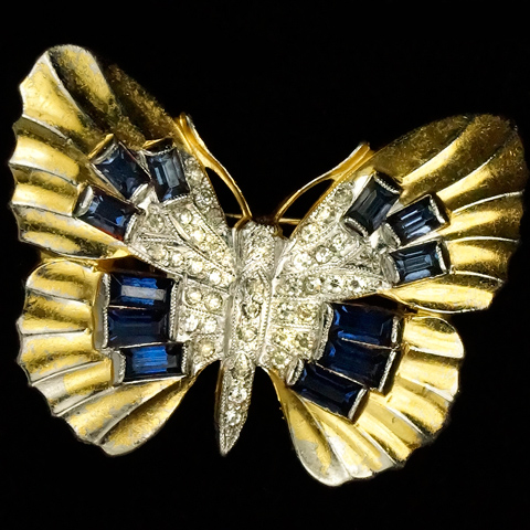 Trifari 'Alfred Philippe' Gold Pave and Sapphire Baguettes Butterfly Pin Clip
