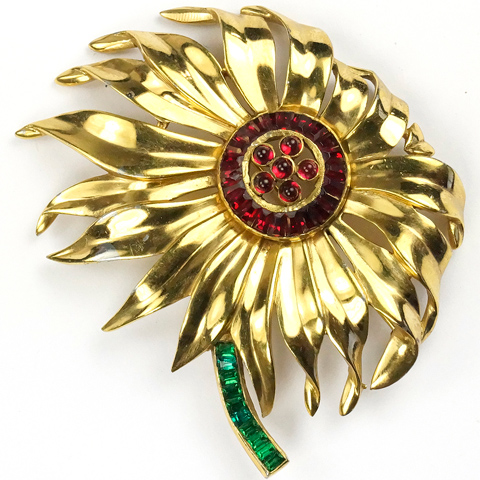 KTF Trifari 'Alfred Philippe' Gold and Invisibly Set Rubies and Emeralds Sunflower with Stem Pin