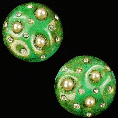 Trifari 'Alfred Philippe' 'Tropical Fantasies' Gold-Dusted Green Enamel and Pearls Clip Earrings