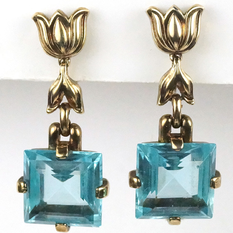Trifari 'Alfred Philippe' Gold Leaf and Pendant Square Cut Aquamarine Clip Earrings
