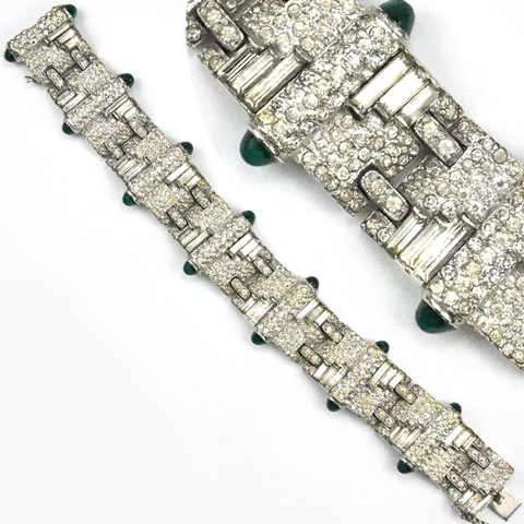 KTF Trifari 'Alfred Philippe' Pave with Baguette Slashes and Emerald Cabochons Deco Link Bracelet