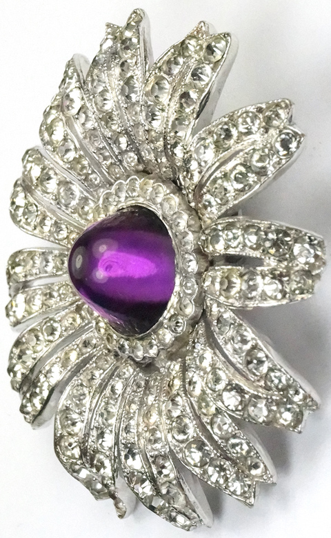 Trifari 'Alfred Philippe' Pave and Amethyst Cabochon Sunflower Pin Clip