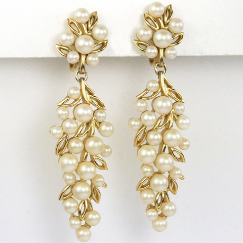 Trifari Pearl Grapes on Golden Vines Pendant Clip Earrings