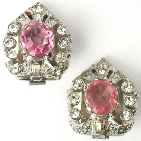 Trifari 'Alfred Philippe' Pave and Pink Topaz Mitre Shaped Clip Earrings