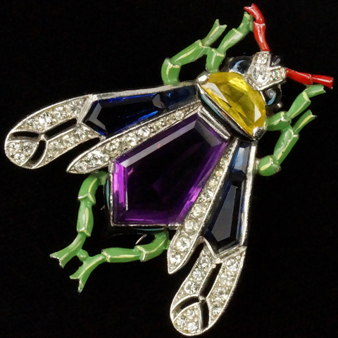 Trifari 'Alfred Philippe' Pave Enamel Citrine and Five Sided Amethyst and Sapphire Crystal Fly or Bug Pin Clip