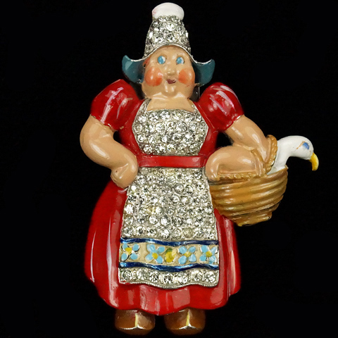 Trifari 'Joseph Wuyts' Dutch Lady in Red Dress with a Goose in a Basket Pin Clip