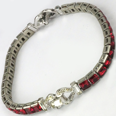 Trifari 'Alfred Philippe' Invisibly Set Rubies and Pave Clasp Deco Style Tennis Bracelet