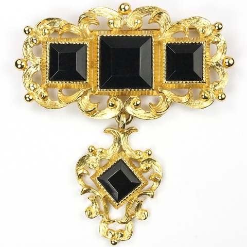 Trifari by Marcella Saltz Gold Scrolls and Square Cut Onyx Pin with Pendant