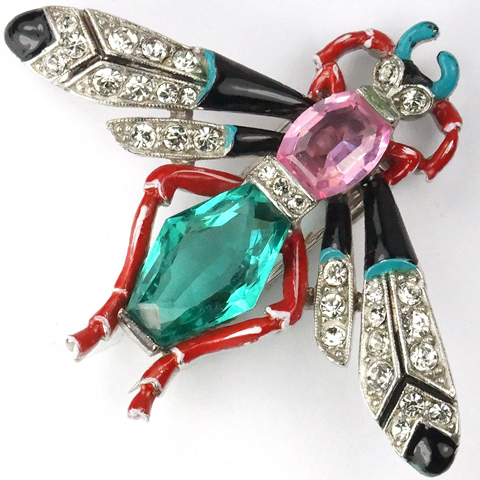 Trifari 'Alfred Philippe' Emerald and Pink Topaz Pave and Enamel Bug Pin Clip