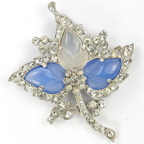 Trifari 'Alfred Philippe' Sapphire and Moonstone Fruit Salads Trefoil Ivy Leaf Pin Clip