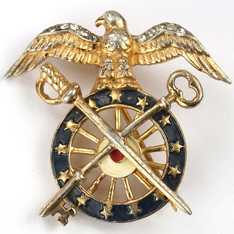 Trifari Sterling 'Alfred Philippe' WW2 US Patriotic Red White and Blue Eagle and Wheel US Army Quartermaster Corps Insignia Pin