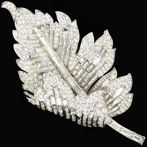Trifari 'Alfred Philippe' Pave and Baguettes Large Curling Leaf Pin