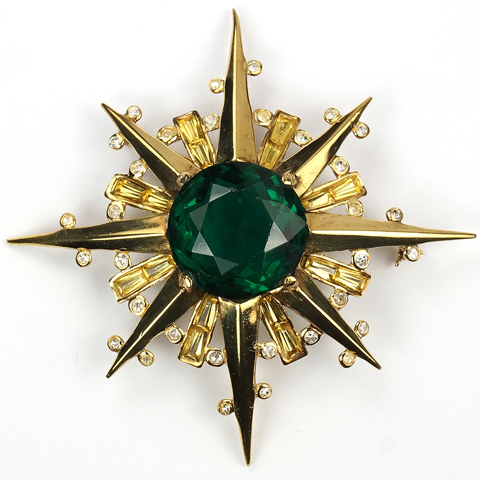 Trifari Sterling 'Alfred Philippe' Emerald and Citrine Baguettes Starburst Star Pin