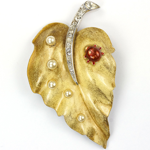 Trifari 'Alfred Philippe' 'Tropical Fantasies' Gold-Dusted Yellow Enamel Leaf with Ladybug and Pearl Raindrops Pin