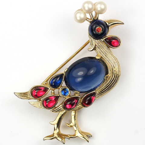 Trifari 'Alfred Philippe' Ruby Pearls and Sapphire 1956 Production Moghul Peacock Pin