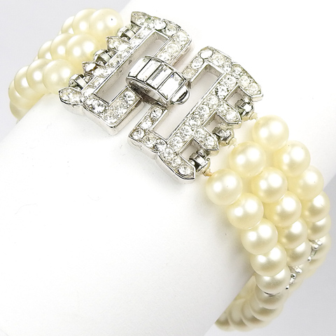 Trifari 'Alfred Philippe' Pave Baguettes and Three Strands of Pearls Bracelet