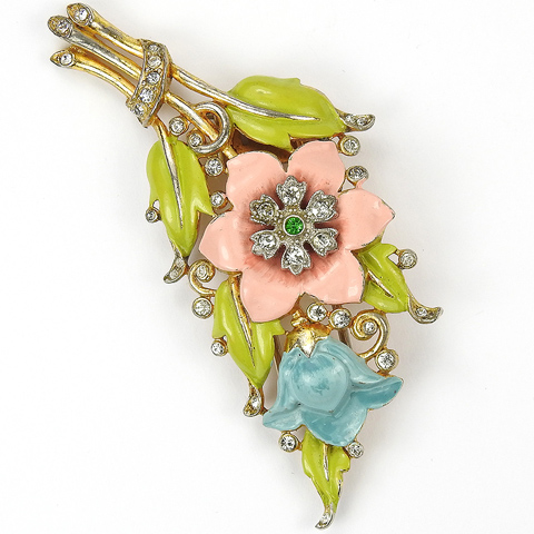 Trifari 'Alfred Philippe' Pink and Blue Carnations and Lillies Enamel Pin Clip