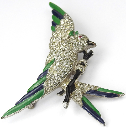 KTF Trifari 'Alfred Philippe' Pave and Green and Blue Enamel Perching ...