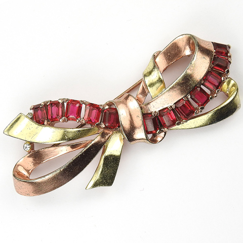 Trifari 'Alfred Philippe' Two Colour Gold and Prong Set Rubies Bow Pin