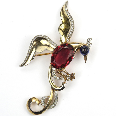 Trifari Sterling 'Alfred Philippe' Sapphire Shoebutton and Ruby Landing Bird of Paradise Pin