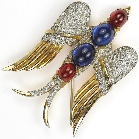 Trifari 'Alfred Philippe' Sapphire and Ruby Cabochon WW2 US Patriotic Red White and Blue Swooping Swift Bird Pin