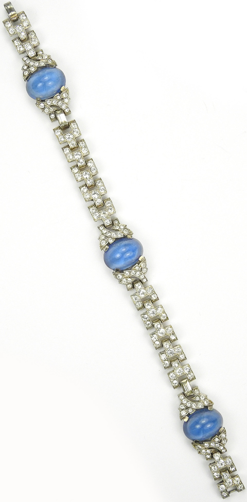 KTF Trifari 'Alfred Philippe' Deco Three Star Sapphires Pave Link Bracelet
