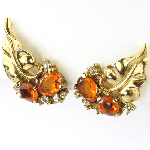 Trifari 'Alfred Philippe' Gold Leaves and Topaz Grapes on Vine Clip Earrings