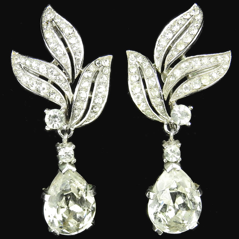 Trifari 'Alfred Philippe' Pave Leaves and Pendant Navette Clip Earrings
