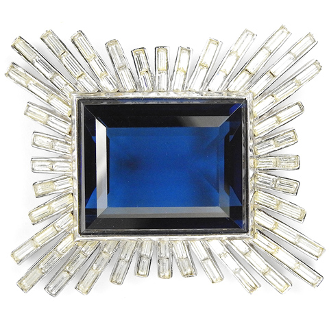 Trifari 'Alfred Philippe' 'Monte Cristo' Giant Square Cut Sapphire and Diamante Baguettes Sunburst Pin