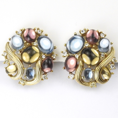 Trifari 'Alfred Philippe' 'Reflections' 'Jewels of Fantasy' Gold Swirls and Multicolour Mirrored Cabochons Clip Earrings