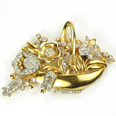Trifari 'Alfred Philippe' Gold and Pave Flower Basket Pin Clip