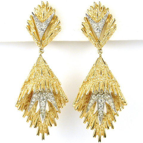 Trifari 'Alfred Philippe' Gold and Pave Sunburst Pendant Clip Earrings