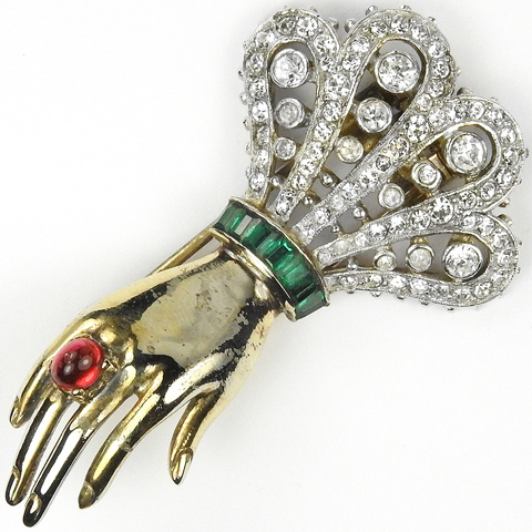 Trifari Sterling 'Alfred Philippe' Ruby and Faux Invisibly Set Emerald Large Bejewelled Hand Pin Clip