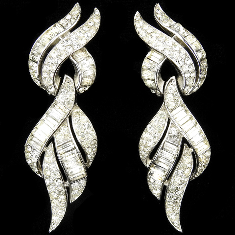 Trifari 'Alfred Philippe' Pave and Baguette Swirls Pendant Leaf Clip Earrings