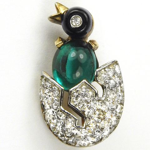 Trifari 'Alfred Philippe' Miniature Sapphire and Emerald Chick Hatching from Pave Egg Pin