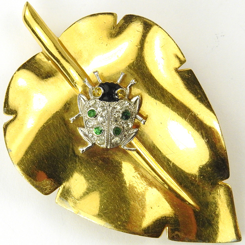 Trifari 'Alfred Philippe' Pave Ladybug on Golden Leaf Pin Clip