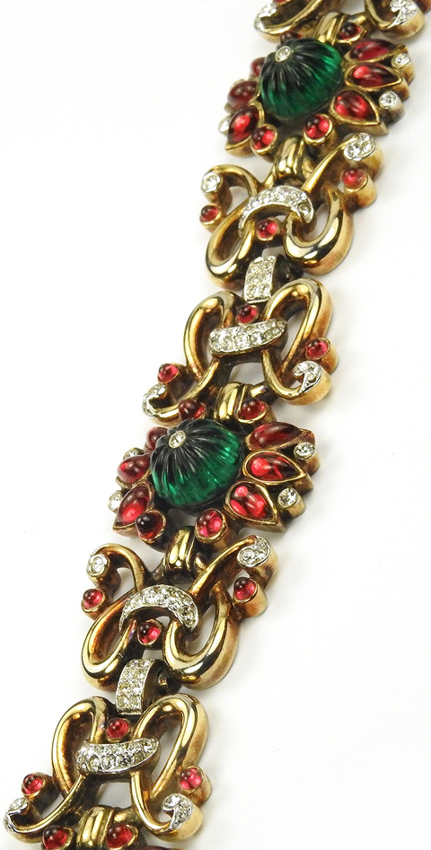 Trifari 'Alfred Philippe' Gold Ruby and Melon Cut Emerald Wide Moghul ...