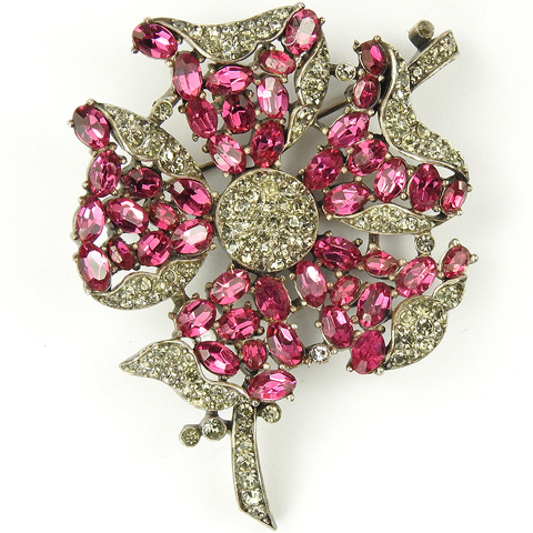 Trifari 'Alfred Philippe' Fuchsia Ruby and Black Diamond Folded Petalled Flower Pin