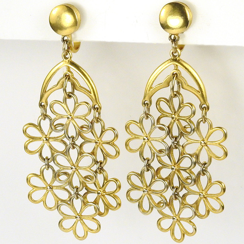 Trifari 'Alfred Philippe' Multiple Pendant Gold Flowers Clip Earrings